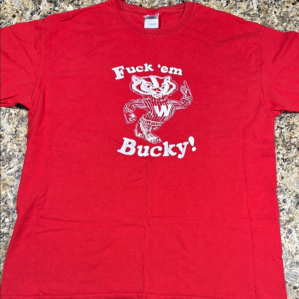 University of Wisconsin Red Short Sleeve Tee with Bucky Badger Graphic